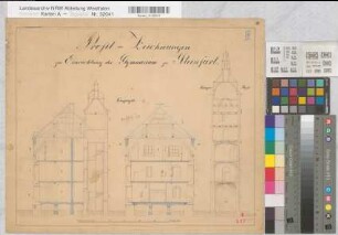 Burgsteinfurt (Steinfurt) Entwurf eines Gymnasiums Schnitte um 1860 50 Fuß = 13 cm 34 x 40,5 kol. Zeichnung Staatshochbauamt Münster