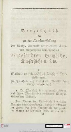 Verzeichniß der zu der Kunstausstellung der Königl. Academie der bildenden Künste und mechanischen Wissenschaften eingesandten Gemälde, Kupferstiche u.s.w.