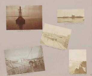 links oben: Leuchtboje rechts oben: Torpedodivisionsboot Mitte: Schleuse bei Holtenau links unten: Iduna rechts unten: S. M. S. Niobe
