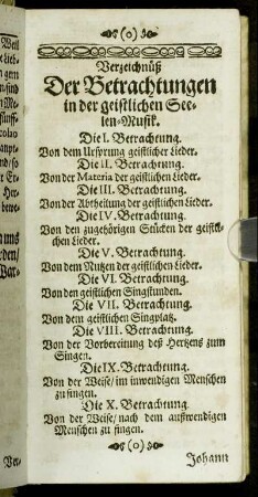 Verzeichnüß Der Betrachtungen in der geistlichen Seelen-Musik.