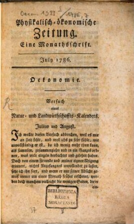 Physikalisch-ökonomische Zeitung : eine Monathsschrift. 1786,7