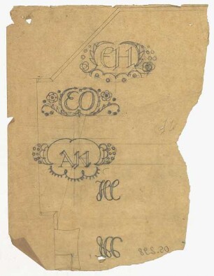 Monogrammentwürfe : Initialen C H, E O, A K mit floralen Ornamenten umgeben