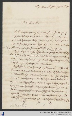 Nachlass Wilhelm Wetz (NL 41/87) : Brief von Gustav Gröber an Wilhelm Wetz