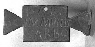 Tabula ansata. Votivtäfelchen mit lateinischer Inschrift: B. AED / IMMVNIS / CARBO