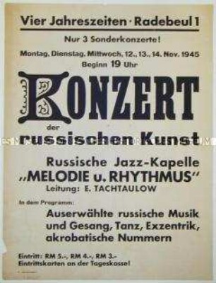 Maueranschlag zur Ankündigung eines Konzertes einer russischen Jazz-Kapelle
