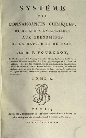 Système des connaissances chimiques, et de leurs applications aux phénomènes de la nature et de l'art, 10