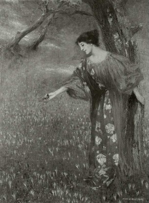 Dame, an einem Baum lehnend