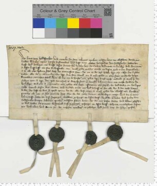 Hans van Hiddeszacker und sein Sohn Maneke verkaufen dem Ratsmann Ludolve van der Sulten eine Rentenmark aus dem Burmester Hofe "to dem Breyenbocke", rückkäuflich für 12 Mark.