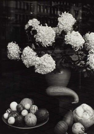 "Blumen um uns" (Photographische Plaudereien in Wort und Bild). Stilleben mit Chrysanthemenstrauß und Zierkürbissen