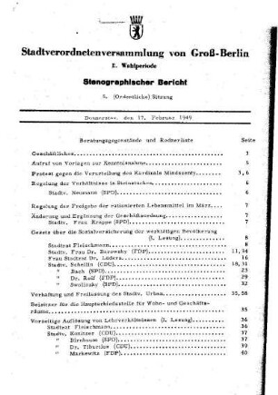 Nr. 5, 17. Februar 1949, Ordentliche Sitzung