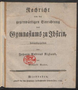 Nachricht von der gegenwärtigen Einrichtung des Gymnasiums zu Idstein