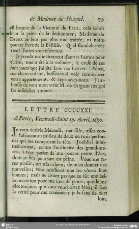 Lettre CCCCXXI. A Paris, Vendredi-Saint 19. Avril, 1680