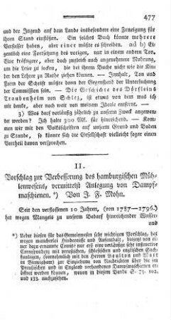 II. Vorschlag zur Verbesserung des hamburgischen Mühlenwesens, vermittelst Anlegung von Dampfmaschienen.