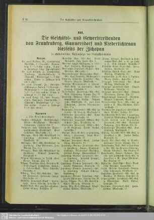 III. Berufsklassen und Gewerbebetriebe : III. Die Geschäfts- und Gewerbetreibenden von Frankenberg, Gunnersdorf und Niederlichtenau diesseits der Zschopau