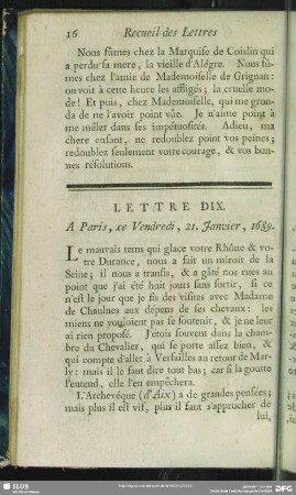 Lettre DIX. A Paris, ce Vendredi, 21. Janvier, 1689