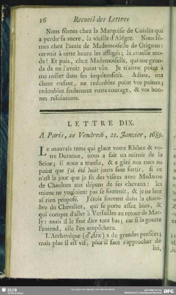 Lettre DIX. A Paris, ce Vendredi, 21. Janvier, 1689