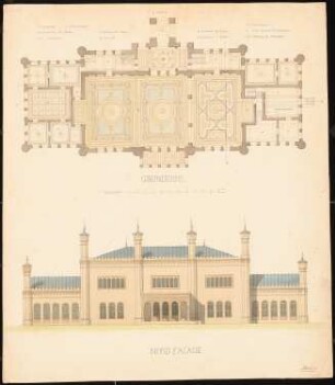 Villa am Wasser, Berlin (?): Ansicht Nordfassade, Grundriss Erdgeschoss, Maßstabsleiste Fuß und Faden