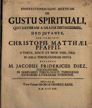 Dissertationem Hanc Asceticam De Gustu Spirituali, Quo Naturam A Gratia Distinguimus
