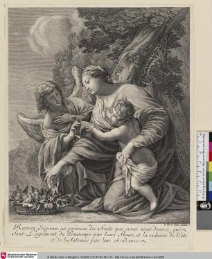 [Maria mit dem Christkind; Maria mit dem Christkinde, dem ein Engel Früchte darreicht; La Vierge et l'Enfant Jésus auquel un ange présente des fruits]