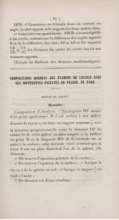 Compositions données aux examens de licence dans les différentes Facultés de France, en 1880.