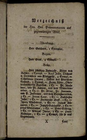 Verzeichniß der Hrn. Hrn. Pränumeranten auf gegenwärtiges Werk