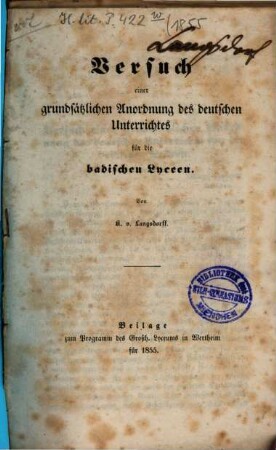 Programm des Grossherzoglichen Lyceums in Wertheim : vom Schuljahre ..., 1855