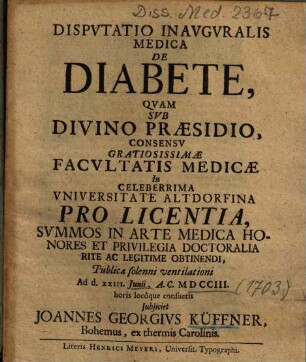 Dispvtatio Inavgvralis Medica De Diabete