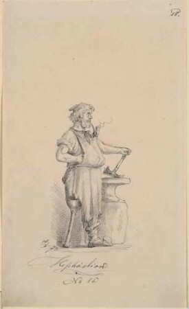 Hephaistios, Karikatur des Geliebten Alexander des Großen als armer Handwerker mit Holzbein und Hammer