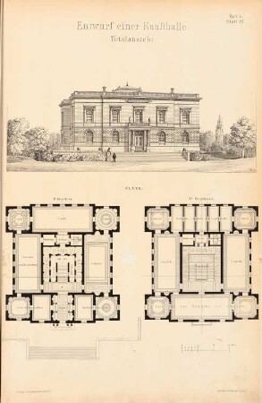 Kunsthalle: Grundrisse EG und 1.OG, perspektivische Ansicht (aus: Entwürfe von Bohnstedt, Heft I-VIII, 1875-1877)
