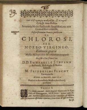 De Chlorosi, Seu Morbo Virgineo.