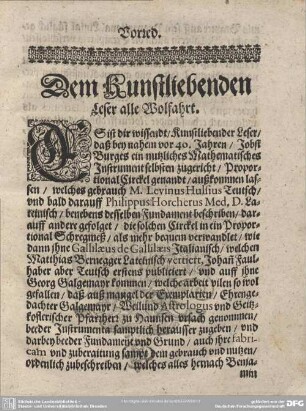 Vorrede. Dem Kunstliebenden Leser alle Wolfahrt.