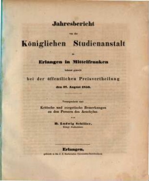 Jahresbericht über die Königliche Studienanstalt zu Erlangen : für das Studienjahr .... 1850