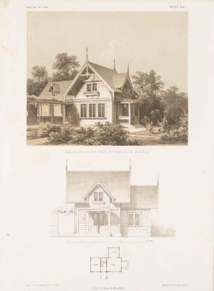 Sommerhäuschen im Festungsrayon, Magdeburg: Grundriss, Perspektivische Ansicht, Ansicht (aus: Architektonisches Skizzenbuch, H. 36, 1858)