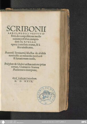 Scribonii Largi de compositione medicamentorum liber