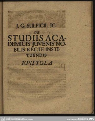 De Studiis Academicis Iuvenis Nobilis Recte Instituendis Epistola