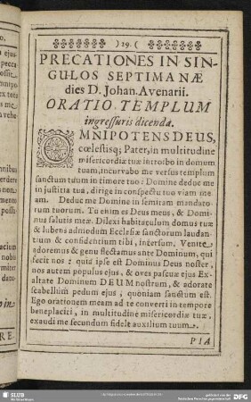 Precationes In Singulos Septima Nae dies D. Johan. Avenarii