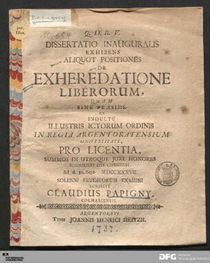 Dissertatio Inauguralis Exhibens Aliquot Positiones De Exheredatione Liberorum