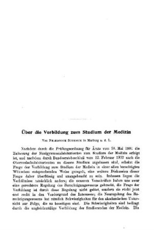 Über die Vorbildung zum Studium der Medizin