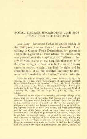 Royal decree regarding the hospitals for the natives
