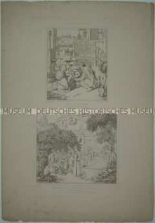 Zwei von einer Platte gedruckte biedermeierliche Genreszenen - Familie beim Füttern des Hundes und Männer beim Brettspiel in einer Schankwirtschaft