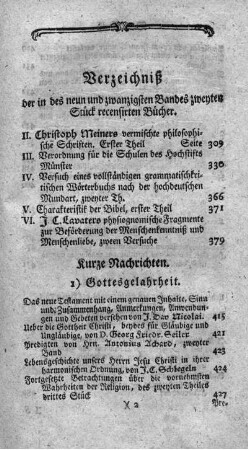 Verzeichniß der in des neun und zwanzigsten Bandes zweyten Stück recensirten Bücher.