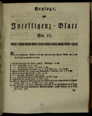 Beylage zur Intelligenz-Blatt Nro. 52.