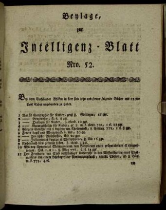 Beylage zur Intelligenz-Blatt Nro. 52.