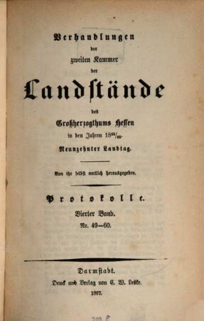 Verhandlungen der Zweiten Kammer der Landstände des Großherzogthums Hessen. Protokolle. 1866/68,4 = 19. Landtag (1867)