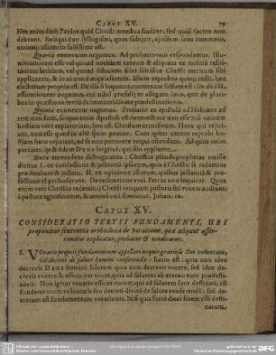 Caput XV. Consideratio Tertii Fundamenti, Ubi proponitur sententia orthodoxa de vocatione, quae aliquot assertionibus explicatur, probatur & vindicatur