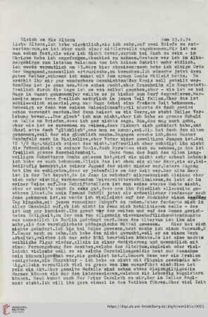 Briefe von und an Ulrich und Ulrike von Wilamowitz-Moellendorff ("2. Abschrift"): Brief von Ulrich von Wilamowitz-Moellendorff an Arnold von Wilamowitz-Moellendorff und Ulrike von Wilamowitz-Moellendorff