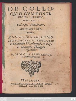 De Colloquio Cum Pontificiis Ineundo, Disputatio