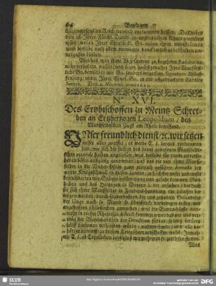 No. XVI. Des Ertzbischoffen zu Meintz Schreiben an Ertzhertzogen Leopoldum