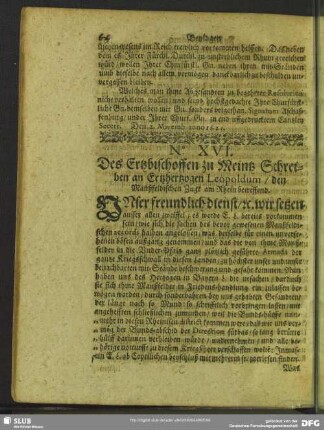 No. XVI. Des Ertzbischoffen zu Meintz Schreiben an Ertzhertzogen Leopoldum
