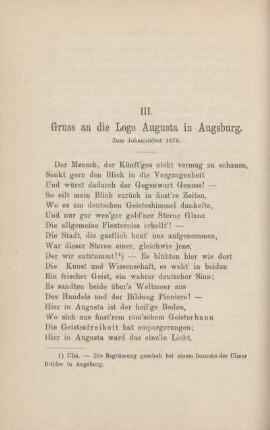 III. Gruss an die Loge Augusta in Augsburg. Zum Johannisfest 1876.